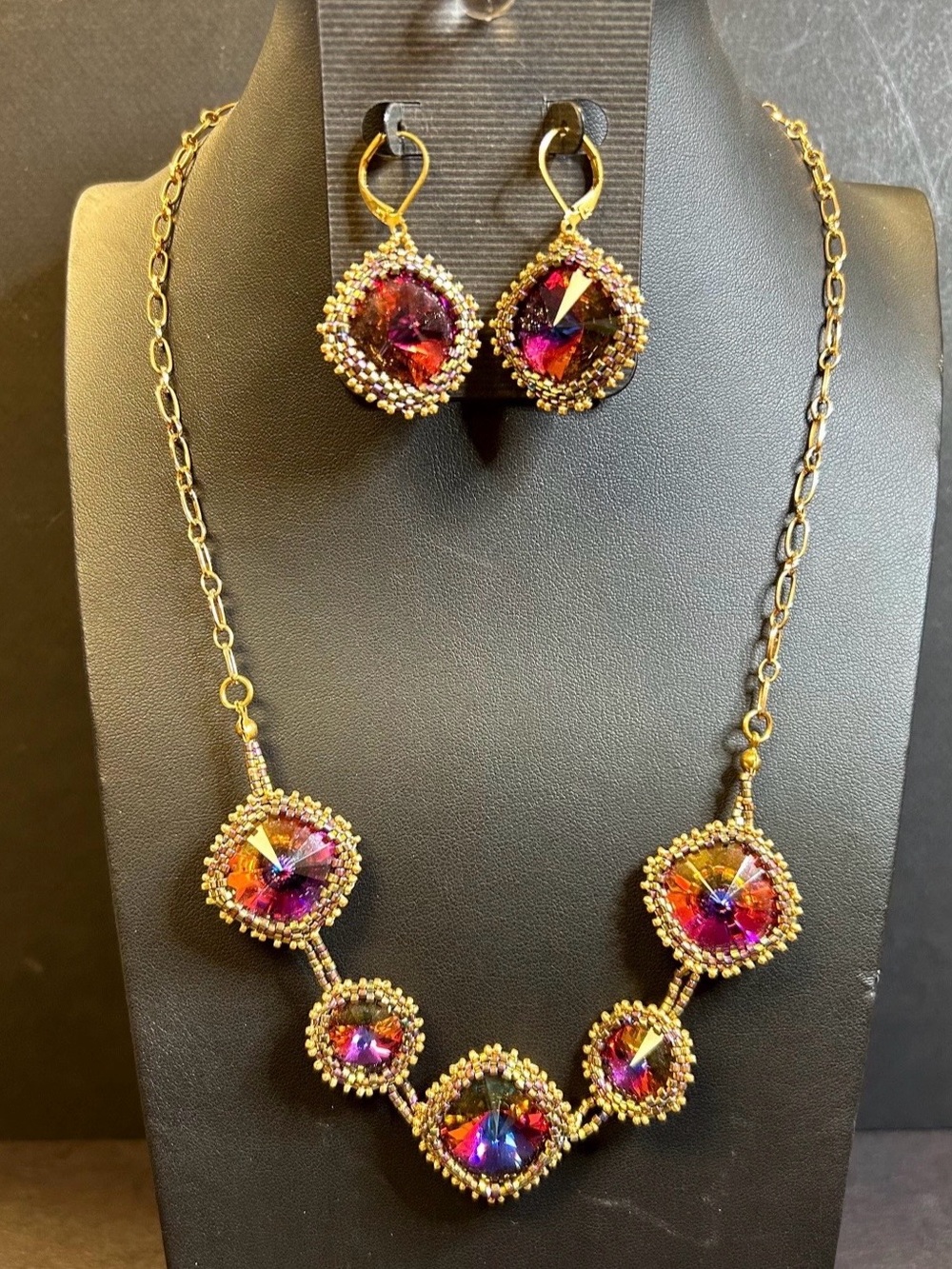 Gold-Tone Bezeled Vintage Red-Volcano Swarovski Crystal Necklace & Earring Set